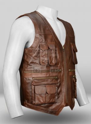 Faux Brown Jurassic World Genuine Leather Vest - Image 4