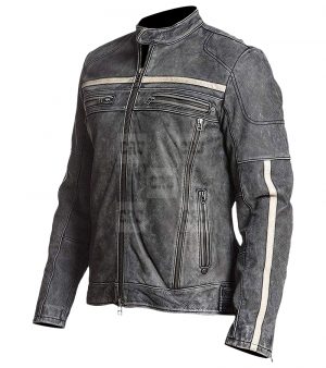 Café Racer Vintage Moto Grey Distressed Leather Jacket - Image 3