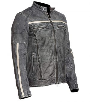 Café Racer Vintage Moto Grey Distressed Leather Jacket - Image 4