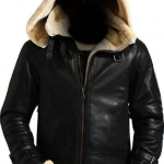 Bomber B3 Flight Real Fur Black Leather Hooded Jacket