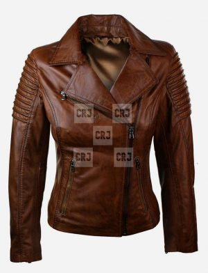 Brown Genuine Leather Biker Jacket For Women