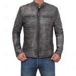 Distressed Casual Grey Leather Jacket For Men