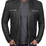 Casual Mens Round Collar Black Cafe Racer Cotton Jacket