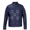 Cafe Racer Real Blue Leather Motorcycle Jacket