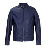 Cafe Racer Real Blue Leather Motorcycle Jacket