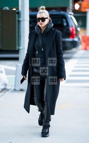 Black Hailey Baldwin Wool Long Blazer Style Coat - Image 2