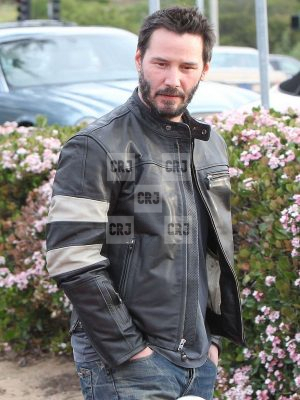 Black & White Keanu Reeves Mens Stripes Leather Jacket - Image 2