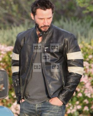 Black & White Keanu Reeves Mens Stripes Leather Jacket - Image 3