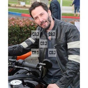 Black & White Keanu Reeves Mens Stripes Leather Jacket - Image 4