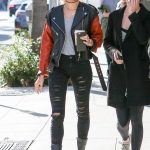 hailey-baldwin-black-orange-leather-biker-jacket