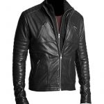 Men Black Double Zipper Biker Rib Quilted Leather Jacket