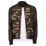 Mens Khaki Military Style Bomber Leather Jacket