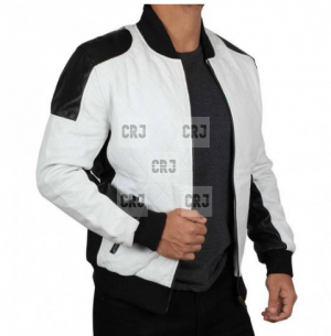 Mens Womens Slim Fit White & Black Leather Jacket - Image 2