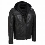 Black leather hooded jacket